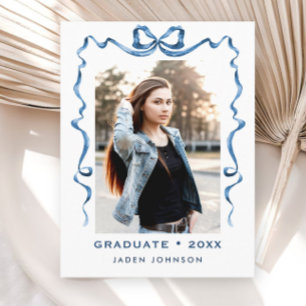 Trendy Blue Bow Ribbon PHOTO Graduation Party Postcard