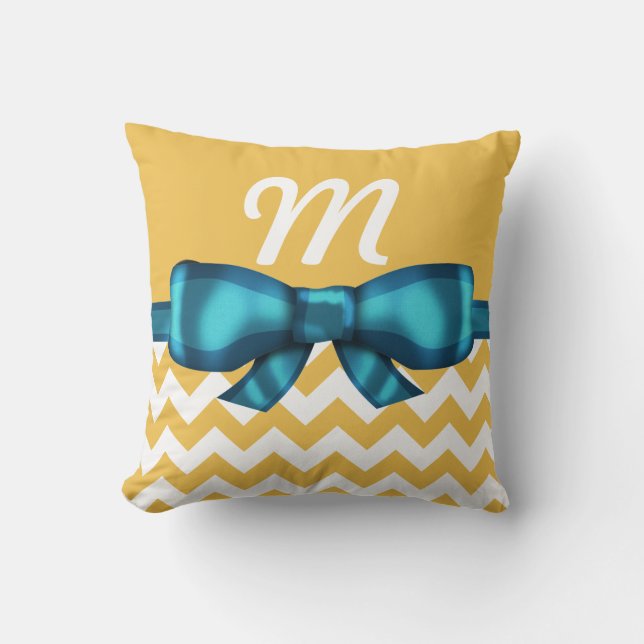 Trendy Blue Bow & White Chevrons Monogram Throw Pillow (Front)