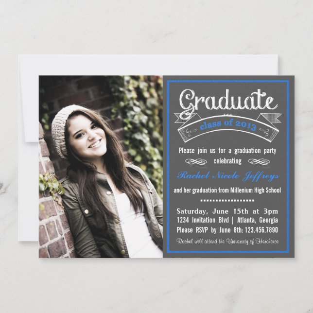 Trendy Blue Chalkboard Typography Graduation Invitation (Front)