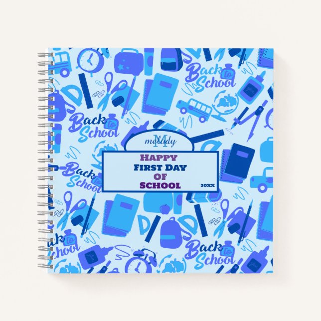 trendy blue Customizable Back to School Pattern Notebook (Front)