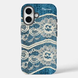 Trendy Blue Denim & White Lace iPhone 16 Case