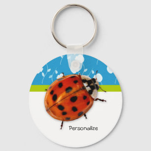 Trendy Blue Floral Ladybug With Name Keychain