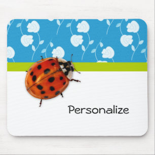 Trendy Blue Floral Ladybug With Name Mouse Pad