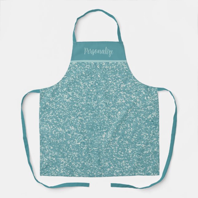 Trendy Blue Glitter Glam Personalized Cooking Apron (Front)