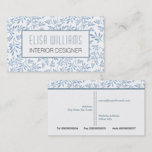 Trendy blue glitter leaves floral pattern  business card
