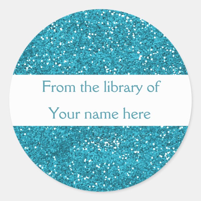 Trendy Blue Glitter Personalized Bookplates Classic Round Sticker (Front)