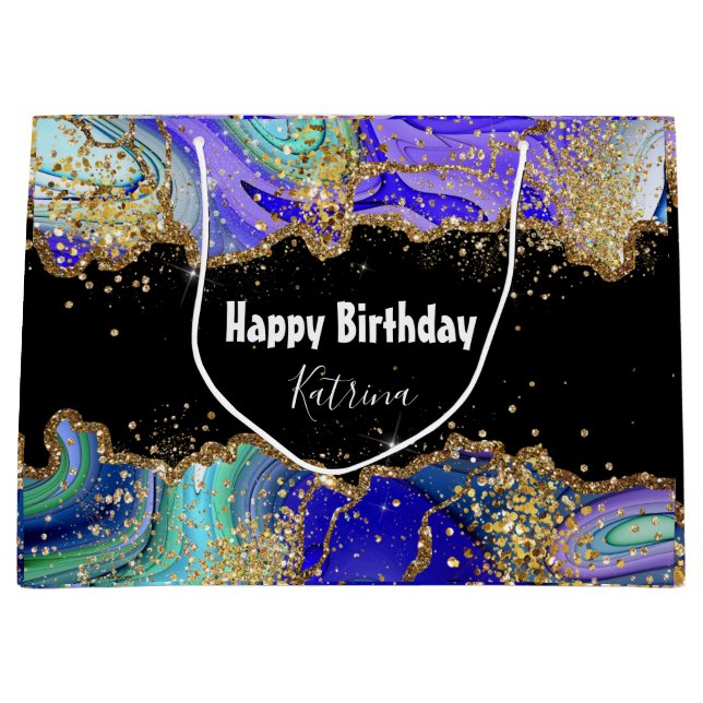 Trendy Blue Gold Agate Marbled  Large Gift Bag (Front)