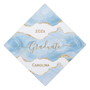 Trendy Blue Gold Agate Personalized Graduation Cap Topper
