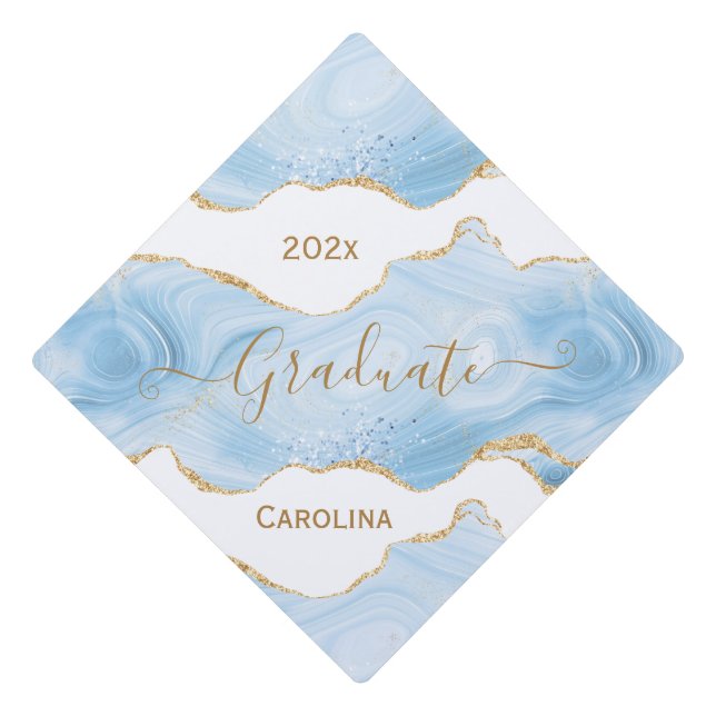 Trendy Blue Gold Agate Personalized Graduation Cap Topper (Front)