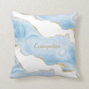 Trendy Blue Gold Agate Personalized Throw Pillow