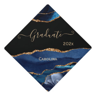 Trendy Blue Gold Agate Script Name Graduation Cap Topper
