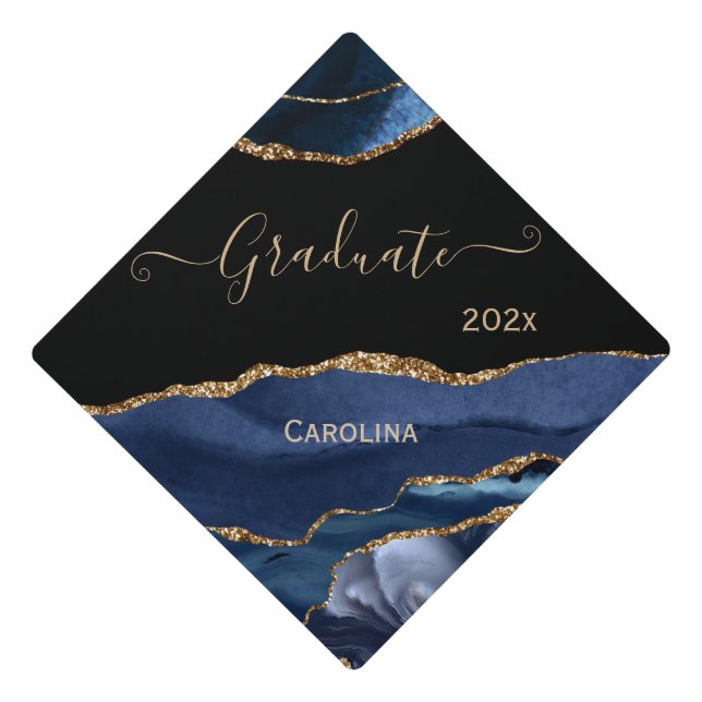Trendy Blue Gold Agate Script Name Graduation Cap Topper (Front)