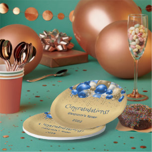 Trendy Blue Gold Balloons Graduation Paper Plate