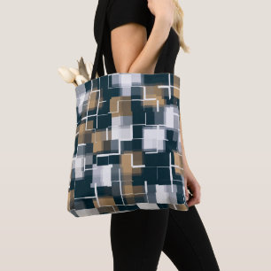 Trendy Blue Gold Brown Black White Plaid Tote Bag