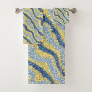 Trendy Blue Gold Glitter Wavy Ripple Pattern Bath Towel Set