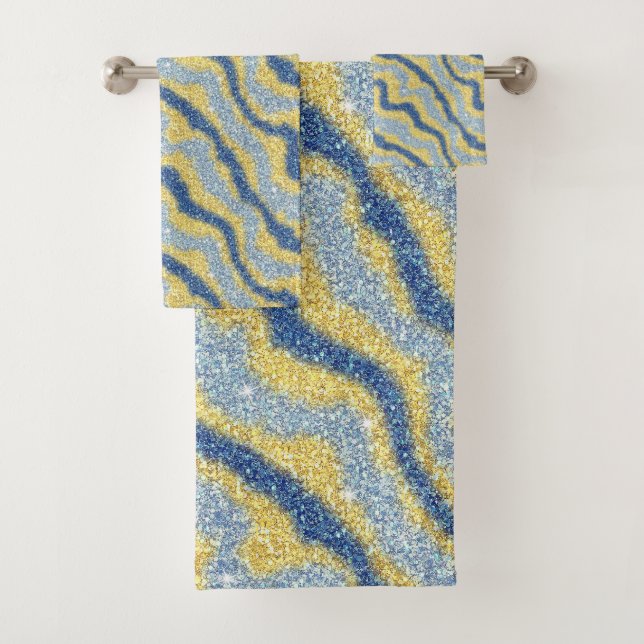 Trendy Blue Gold Glitter Wavy Ripple Pattern Bath Towel Set (Insitu)