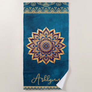 Trendy Blue Gold Mandala Elegant Yoga Customizable Beach Towel