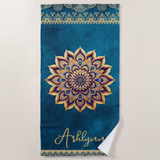 Trendy Blue Gold Mandala Elegant Yoga Customizable Beach Towel