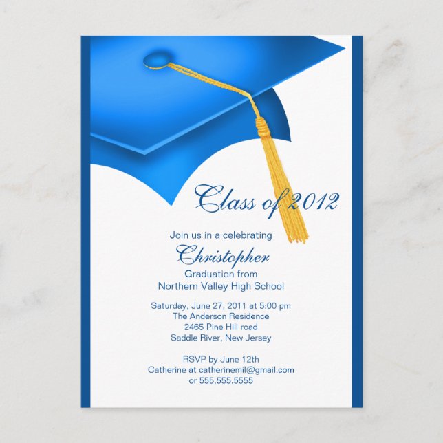 Trendy Blue Grad Cap Graduation Party Invitation Postcard (Front)