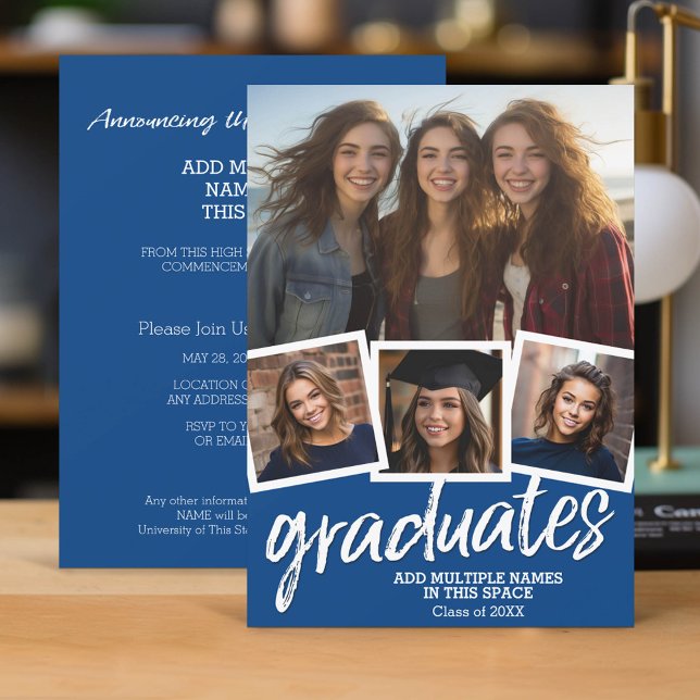 Trendy Blue Graduation Group Party 4 Photo Invitation (Group Graduation Invitation with 4 Photos and Party Information)