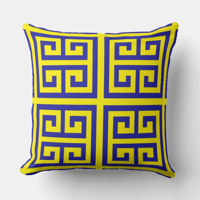 Trendy Blue Greek Key Pattern On Yellow Throw Pillow (Front)