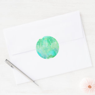 Trendy Blue Green and Yellow Watercolor Thank You Classic Round Sticker