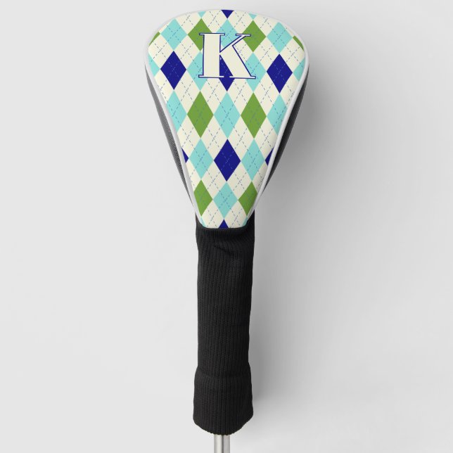 Trendy Blue & Green Argyle Pattern Modern Monogram Golf Head Cover (Front)