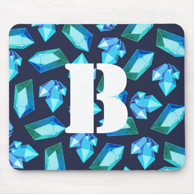 Trendy Blue Green Crystal Gems | Monogram Mouse Pad (Front)