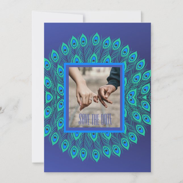 TRENDY BLUE GREEN PEACOCK BIRD FEATHER PATTERNED INVITATION (Front)