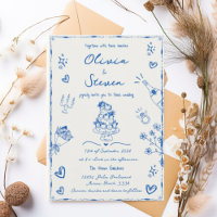 Trendy Blue Hand Drawn Quirky Scribble Wedding 