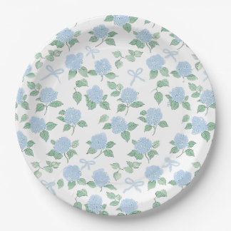 Trendy Blue Hydrangea and Bows Paper Plate