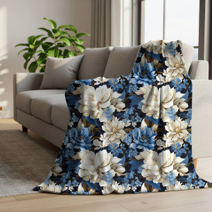 Trendy Blue Ivory Floral Cozy Soft Throw Blanket