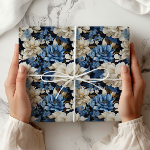 Trendy Blue Ivory Floral Decorative Wrapping Paper