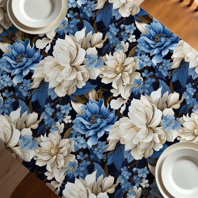 Trendy Blue Ivory Floral Stylish Tablecloth (Trendy Blue Ivory Floral Stylish Tablecloth)