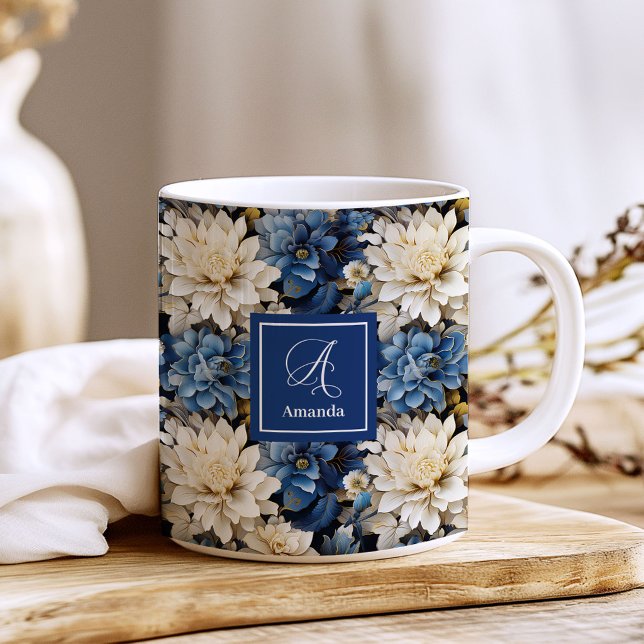 Trendy Blue Ivory Flowers Personalized Coffee Mug (Trendy Blue Ivory Flowers Personalized Coffee Mug)