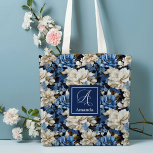 Trendy Blue Ivory Flowers Personalized Tote Bag