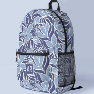 Trendy Blue Modern Floral Pattern Monogrammed Printed Backpack