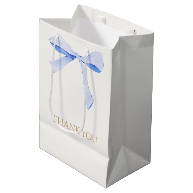 Trendy Blue Ribbon Wedding Thank You Medium Gift Bag (Front Angled)