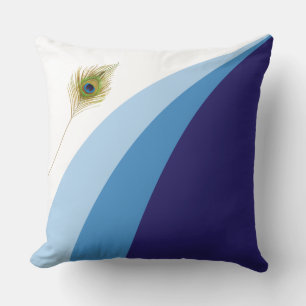 Trendy Blue Shades Wavy Lines & Peacock Feather Throw Pillow