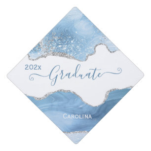Trendy Blue Silver Agate Personalized Graduation Cap Topper