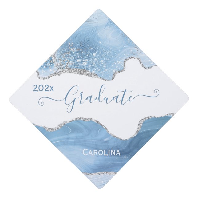 Trendy Blue Silver Agate Personalized Graduation Cap Topper (Front)