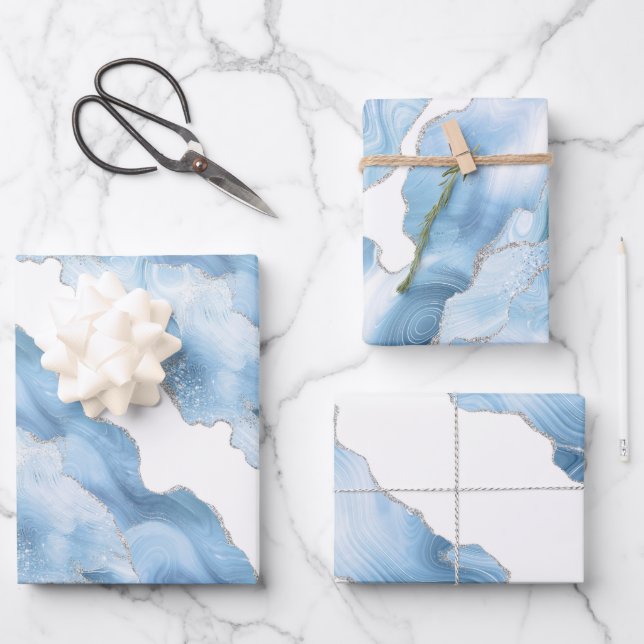 Trendy Blue Silver Agate Wrapping Paper Sheet (Front)