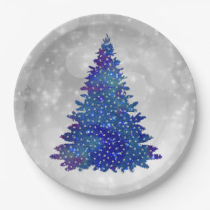 Trendy Blue Silver Glitter Tree Christmas Paper Plate