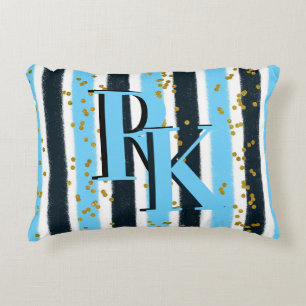 Trendy Blue Stripe Gold Glitter Monogram Glam Accent Pillow