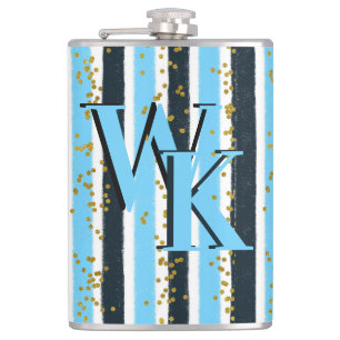 Trendy Blue Stripe Gold Glitter Monogram Glam Hip Flask