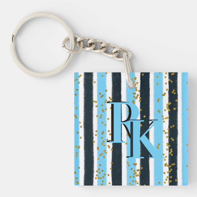 Trendy Blue Stripe Gold Glitter Monogram Glam Keychain (Front)