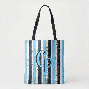 Trendy Blue Stripe Gold Glitter Monogram Glam Tote Bag