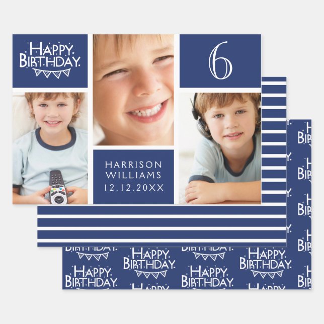 Trendy Blue Stripe Photo Collage Happy Birthday Wrapping Paper Sheet (Set)
