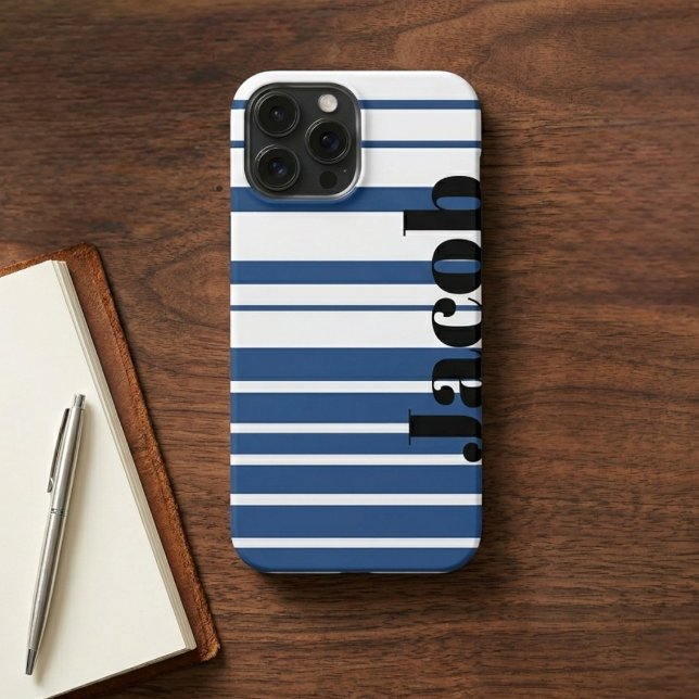 Trendy Blue Striped Custom Name iPhone Case (Creator Uploaded)