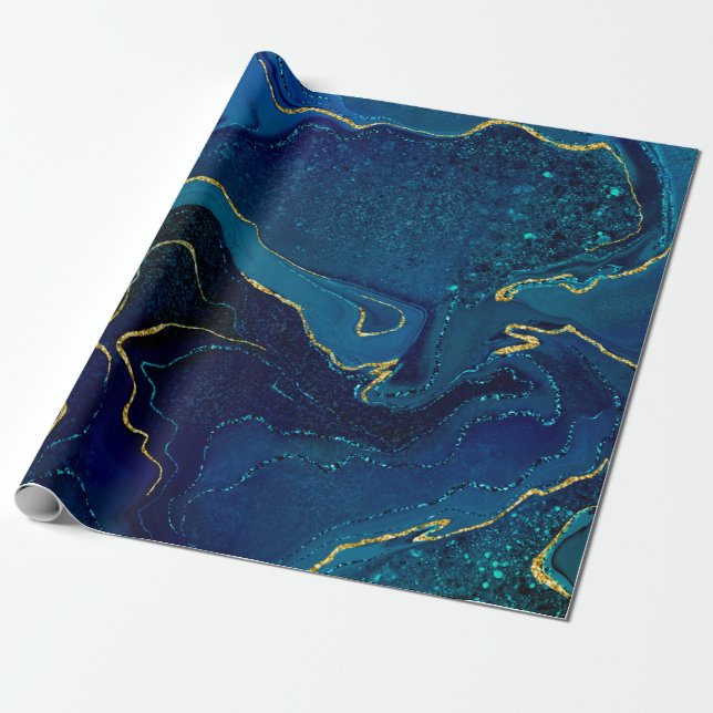 Trendy blue turquoise marbling design wrapping paper (Unrolled)